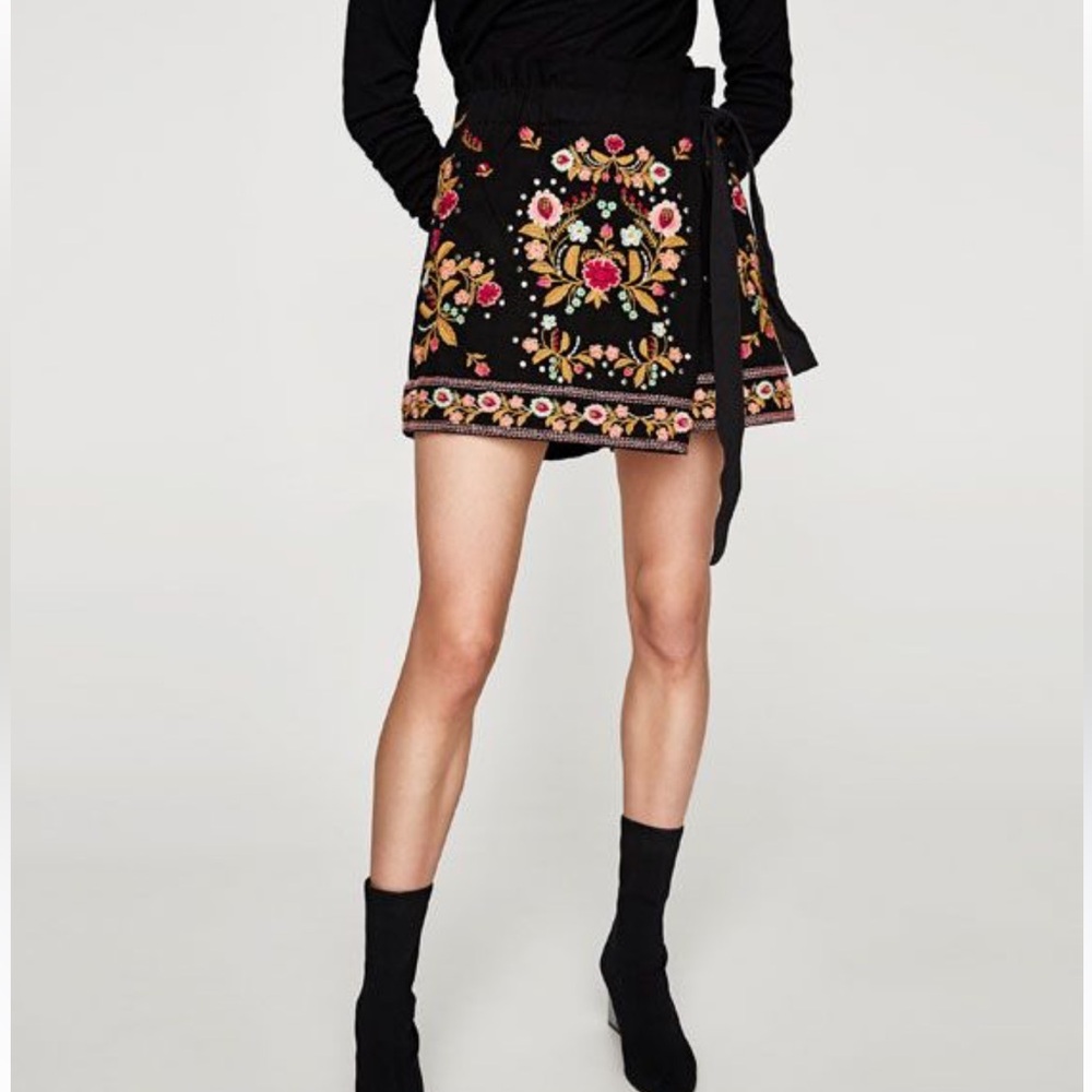 Zara Black Skirt with Colorful Embroidery